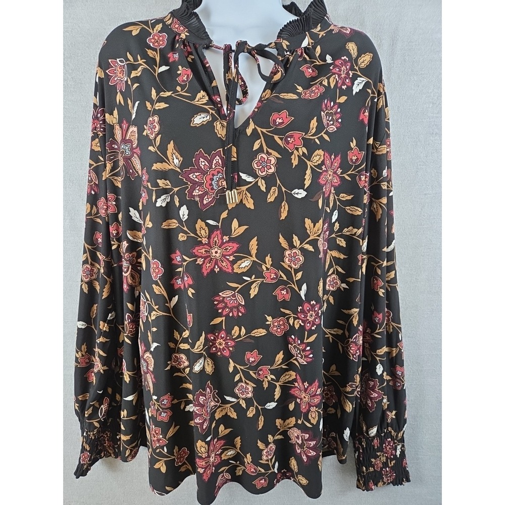 Anne Klein Blouse 3X Dark Floral Tie Neck Careerwear Boho WhimsiGoth Flowy Vamp